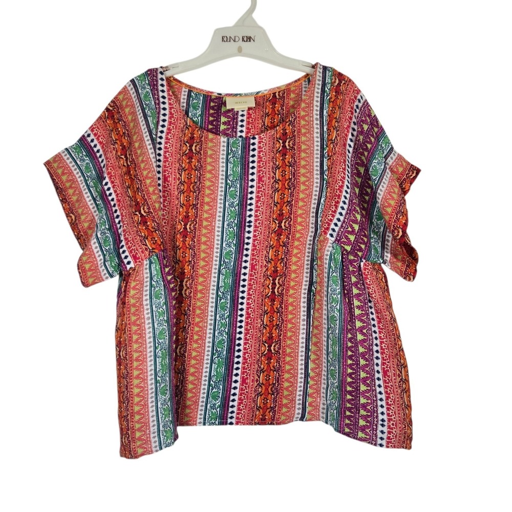 Maeve Milla Aztec Print Top Womens Medium Boxy Short‎ Sleeve Pink Purple Boho